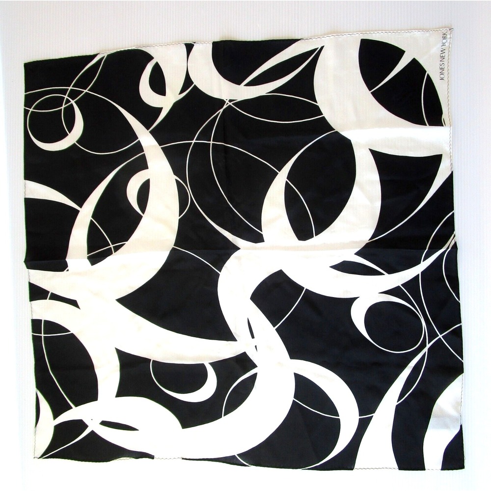 Vintage Jones New York Black and White Abstract 100% Silk Scarf 21 x 21